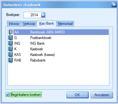 Als u in het nieuwe boekjaar al boekingen heeft verricht in uw financiële dagboeken (Kas/Bank/Giro), dan krijgt u bij het afsluiten een extra optie: Hierdoor wordt de beginbalans verrekend met de