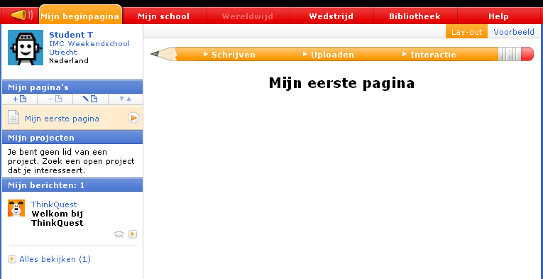 Hoofdstuk 1: het hoofdscherm Uitleg Je berichten (knippert als je een nieuw bericht hebt ontvangen) Je eigen Homepage Je schoolomgeving Wereldwijde Projecten Internationale ThinkQuest Wedstrijd