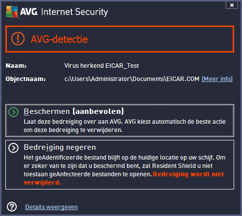 Dit waarschuwingsvenster bevat informatie over het object dat is gedetecteerd en is aangemerkt als geïnfecteerd (Naam) en enkele feiten over de herkende infectie (Omschrijving).