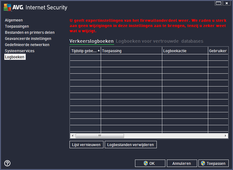 hoofdvenster 13.6. Firewall logbestand Het dialoogvenster Logboeken bevat de lijst met alle vastgelegde Firewall-acties en gebeurtenissen, met een uitgebreide beschrijving van de relevante parameters.