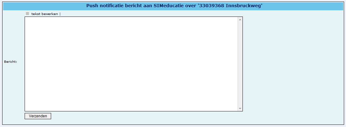 Afbeelding: Verstuur een pushbericht Zodra u op verstuur pushbericht hebt geklikt, verschijnt onderstaand tekstveld. In het tekstveld voert u de informatie in die u wilt delen met de melder.