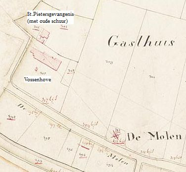 Fragment kadastrale kaart van Scherpenisse Sectie A 3 e blad in 1832. Hofstede Vossenhove bewoond door Cornelis van de Velde 1869-1890 Scheiding en deling van de boedel van Adriaan Hartog d.d. 3 april 1883.