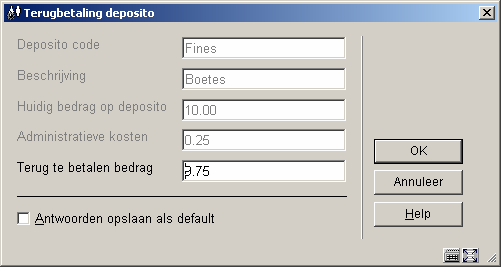 Betalingscode: Kies een betalingscode uit de dropdown lijst. Deze codes zijn gedefinieerd in AFO 481 Deposito s Geldige betalingstypes. 431.6.