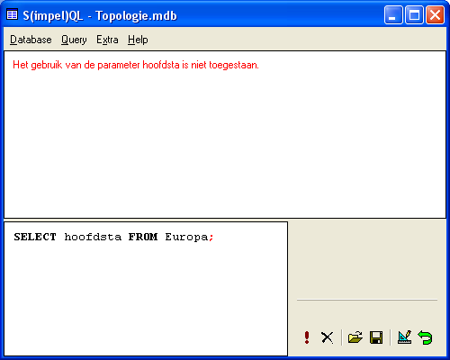 handleiding S(impel)QL bladzijde 21 Uitvoer als gevolg van een foutief geformuleerde query In het geval S(impel)QL een fout in de query ontdekt of de respons van de Jet Engine een foutmelding betreft