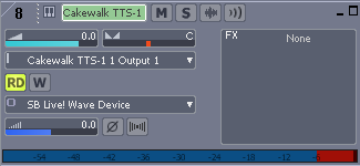 3. Kies de Midi uitgang voor deze track, dat is in dit geval de Cakewalk TTS-1 1 output1, zoals in het plaatje ook te zien is. (afb. midi i/o) 4.