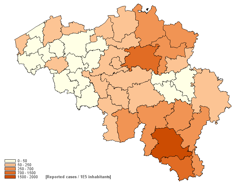 Geografische spreiding van het aantal positieve serologische tests (per 100 000 inwoners) uitgevoerd door