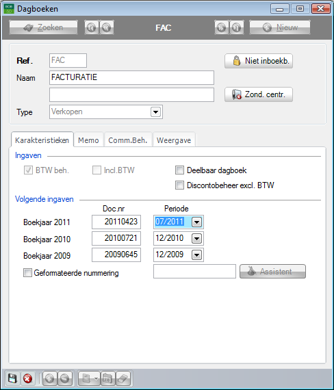 Configuratie van dagboeken Aanmaken en configureren van een dagboek Voor elk type document dient een dagboek aangemaakt te worden, dit gebeurt steeds op dezelfde manier met uitzondering van de