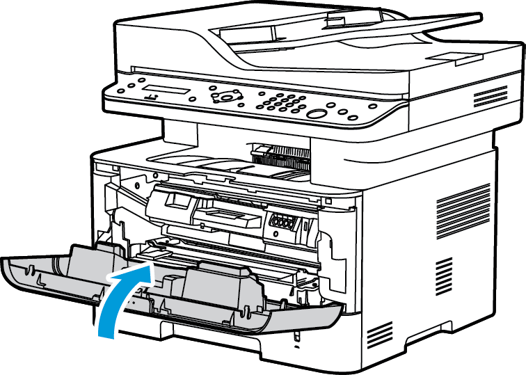 Papierstoringen oplossen Papierstoringen in het apparaat oplossen LET OP: Sommige delen van het apparaat zijn heet. Wees voorzichtig wanneer u papier uit het apparaat verwijdert. 1. Open de voorklep.