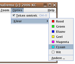 2. Eenvoudige componenten 25 De menu s die de gebruiker vanuit de menubalk kan oproepen, zijn objecten van het type JMenu. Elk menu groepeert op zijn beurt een aantal menu-elementen.