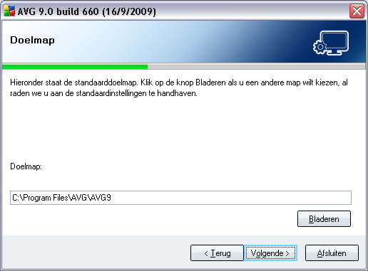 5.6. Aangepaste installatie - Doelmap In het dialoogvenster Doelmap kunt u opgeven in welke map AVG 9 Anti-Virus moet worden geïnstalleerd.