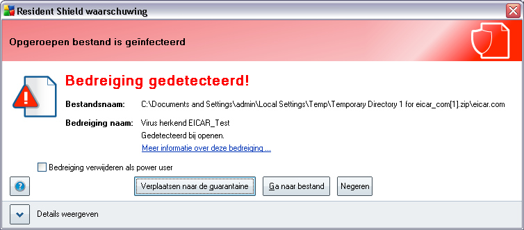 gebrukersinterface (het overzicht van onderdelen) 8.6.3. Resident Shield detectie Resident Shield scant bestanden als ze worden gekopieerd, geopend of opgeslagen.