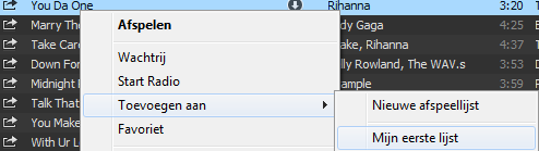 Afspeellijst (playlist) maken Zodra je op Nieuwe afspeellijst klikt kun je een naam voor deze lijst opgeven. In dit voorbeeld maken we daar even "Mijn eerste lijst" van.