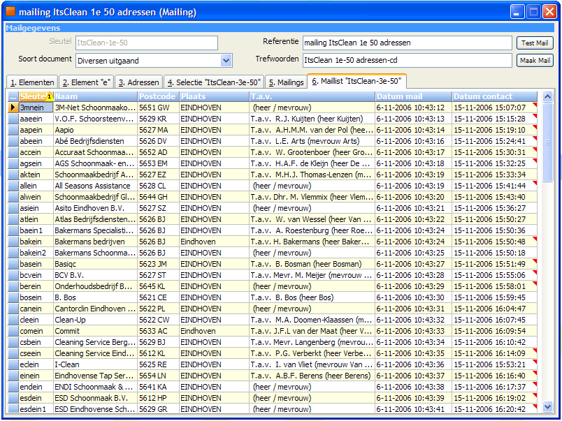 De lijst op de zesde tab geeft niet alleen een overzicht van de gemailde adressen maar is ook een hulpmiddel voor een eerste "belronde".