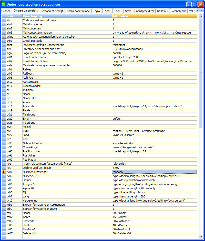 Onderhoud tabellen De ondersteunende tabellen met keuzelijsten van AaRelatie worden technisch gezien als één tabel opgeslagen in de database. Vandaar dat de eerste logische tabel genoemd is "tabel".