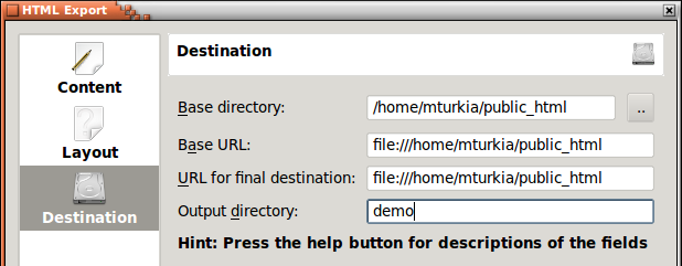 Figuur 7.3: Instellingen voor de HTML-generator voor de bestemming Eerst moet u de basismap voor al uw afbeeldingen instellen.