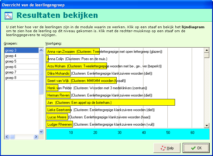 Flits 3 38 U ziet verschillende staafjes met de namen van de kinderen en de woordenlijstmap waarin de leerling aan het werk is.