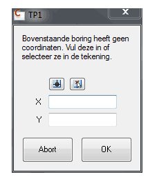 Boringen zonder coördinaten Als het programma bij het inlezen van bestanden boorgegevens aantreft waarbij geen coördinaten gegeven zijn, verschijnt afhankelijk van deze instelling het