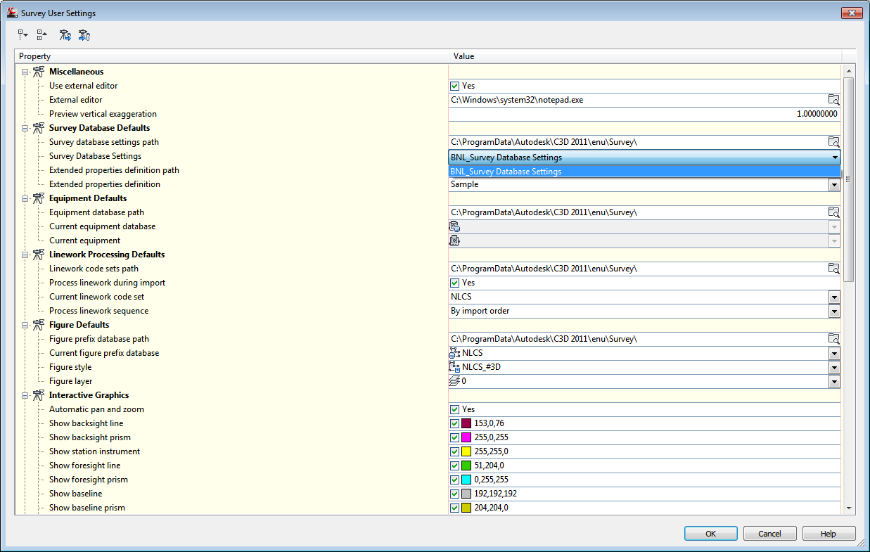 Tuckerman Feature Summary 13 Survey instellingen 13.1 Survey Database Settings In het bestand Survey Database Settings_BNL.sdb_set zijn instellingen opgenomen voor een metrische survey database.