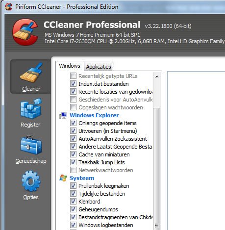 Andere PC Onderhoudstools Een ander veel gebruikt onderhouds programma is CCLEANER, waarmee de belangrijkste opschoon-taken eveneens kunnen worden uitgevoerd: Het scannen van het Windows-Register op