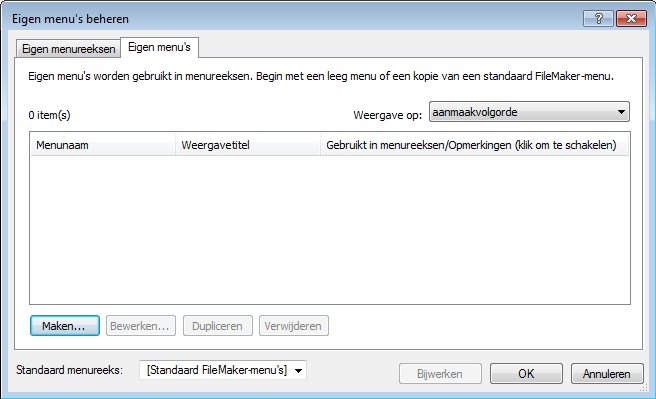Hoofdstuk 3 Databaseoplossingen aanpassen 23 Eigen menu s maken Zo maakt u een eigen menu: 1. Kies op de menubalk Bestand > Beheren > Eigen menu s > en selecteer het tabblad Eigen menu s.