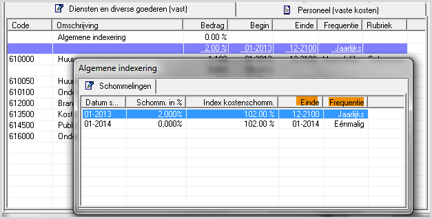 Met deze versie kan u bij het invoeren van een schommeling, de herhaling ervan vragen via de twee laatste kolommen: de kolommen 'Einde' (datum waarop de laatste schommeling plaatsvindt) en