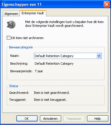 42 Enterprise Vault-archivering beheren Archivering voor uw postvak uit- of inschakelen Als u Outlook 2007 gebruikt: Klik in de linkerbovenhoek van het item op de knop Office en klik vervolgens op
