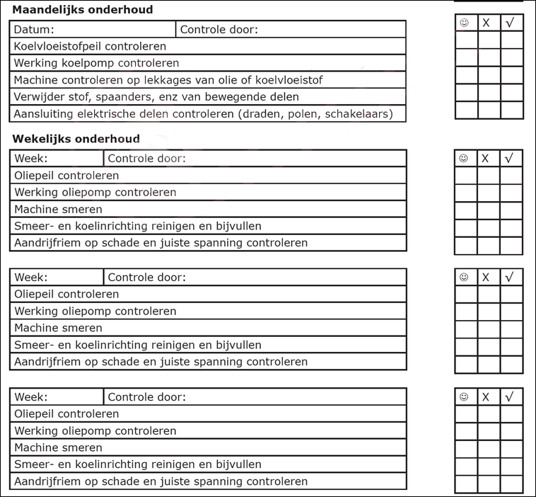 15.2 Onderhoudslijst Legenda: = ok, X = niet ok, =