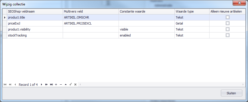 Artikelen Door middel van de artikelveld mapping kunnen UNIT4 Multivers velden gekoppeld worden aan een specifiek SEOshop veld. Geldige productvelden van SEOshop vindt u op: http://developers.seoshop.
