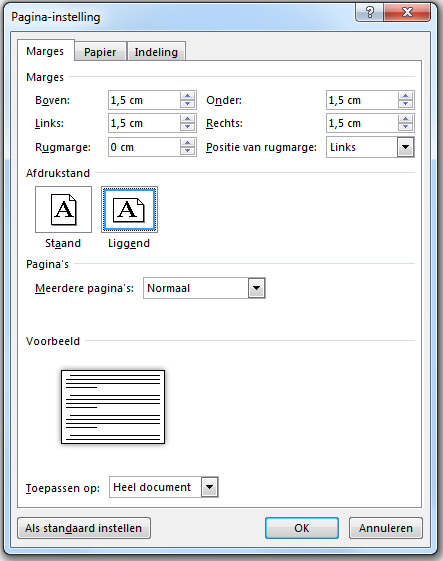 De afloop van 15 mm duidt u aan in Paginaindeling / Pagina-instelling / Tab Marges.