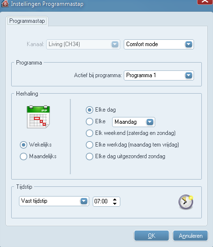 In bovenstaande voorbeelden heeft deze temperatuursensor adres 56 (zal niet werken indien adres = FF). Hou er ook rekening mee dat telkens een programma dient gekozen te worden: 1,2 of 3.