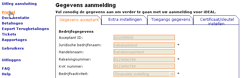 2 Profiel 2.1 Gegevens acceptant Bovenaan in de 1 e tab Gegevens acceptant staat uw acceptant ID.