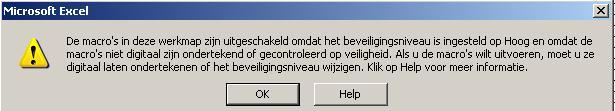 1 Macro: beveiliging hoog Wanneer voor de optie hoog wordt gekozen, is het niet mogelijk de ingebouwde macro s te gebruiken. Bij het opstarten van het programma zal de volgende melding verschijnen: 1.