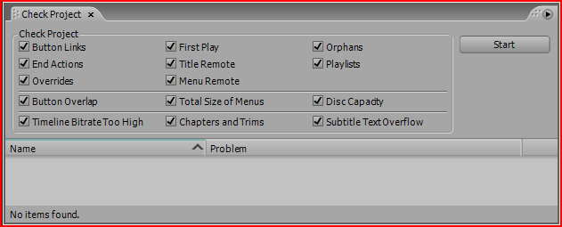 Als links beneden No items found. verschijnt, kan je verder gaan met het aanmaken van de DVD. Zoniet, los de problemen één voor één op. Build FOLDER Menu: File Build Folder.