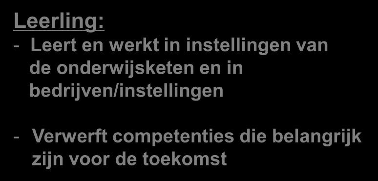 Kenmerk: netwerk samenwerking Leerling: - Leert en werkt in instellingen van de onderwijsketen en in bedrijven/instellingen - Verwerft competenties die belangrijk zijn voor de toekomst Docenten: