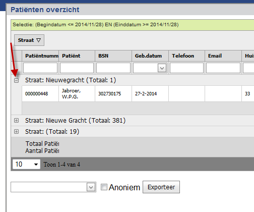 Ten slotte wilt u met dit overzicht wellicht per straat nog uitgesplitst zien welke patiënten er allemaal in één straat wonen. Hiervoor kunt u in het overzicht op het -teken klikken.