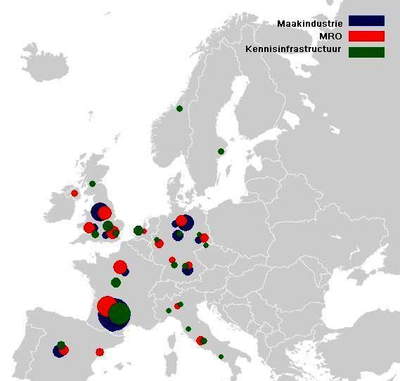 Figuur 8.1: Vestigingsnetwerk van de drie subsectoren in Europa Bron: bewerking eigen gegevens 8.