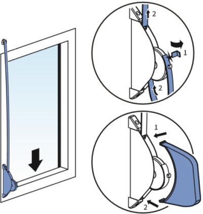 7. Haal het uiteinde van de optrekband door de bandopwinder en plaats het gaatje over het lipje zodat deze goed vastzit. 8.