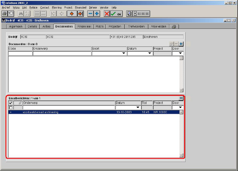 3.7 Compleet email overzicht per bedrijf, persoon en project Op het tabblad Documenten bij een bedrijf, persoon en project beschikt u over een compleet email overzicht.
