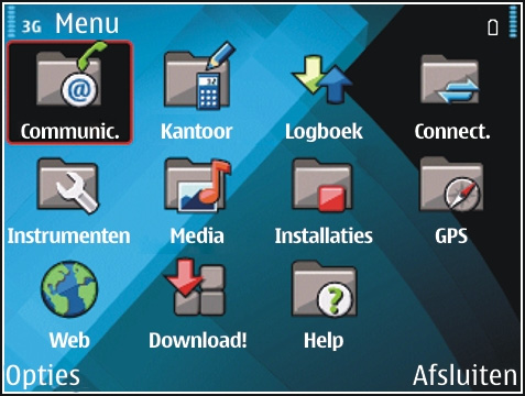 Het menu is een beginpunt van waaruit u alle toepassingen op het apparaat of op een geheugenkaart kunt openen. Het menu bevat toepassingen en mappen, dit zijn groepen gelijksoortige toepassingen.