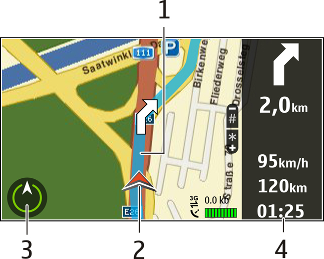 124 Kaarten verplaatst, wordt uw locatie in het midden van de kaart weergegeven. Tijdens de navigatie van weergave veranderen Druk op de bladertoets en selecteer 2Dweergave, 3D-weergave, Pijlweerg.