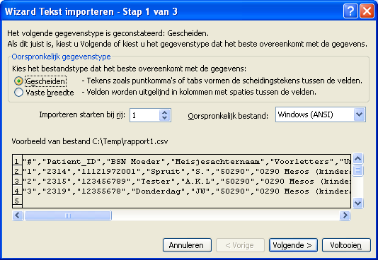 Nu wordt de wizard Tekst importeren geopend.