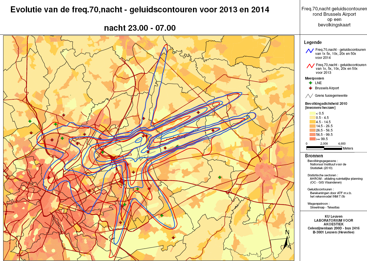 Figuur 11 Freq.70,nacht-geluidscontouren rond Brussels Airport voor 2013 (rood) en 2014 (blauw) 4.4.7 Freq.