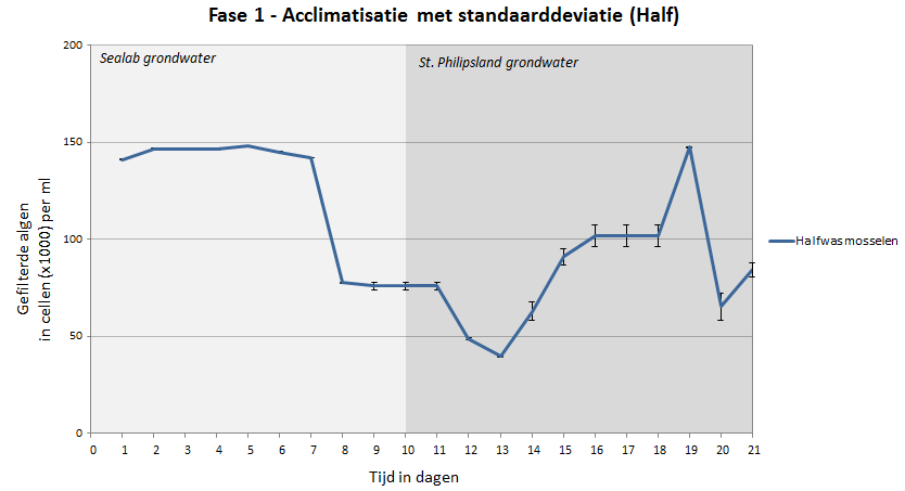 Figuur 9. Gefilterde aantal algen in cellen (x1000) per ml gemeten als een functie van tijd (in dagen). Twee typen mosselen zijn hier vergeleken gedurende een acclimatisatieperiode.