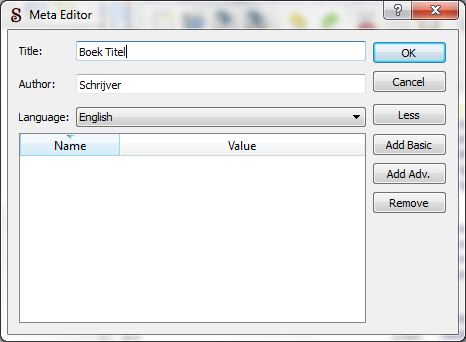 Zoals je ziet, zijn hierin geen veranderingen aangebracht. Als je op Tools Meta Editor op het menu klikt (of F8), krijg je de meta data bewerkingstool. Dit is een verplicht onderdeel van een epub.