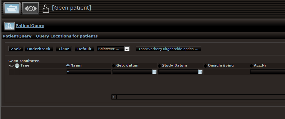 2. Patiëntselectiescherm Nadat U aangemeld bent krijgt U het patiëntselectie scherm te zien: Zoek knop Voorgedefinieerde filters zoekvelden Via dit scherm kunt u de patiënt opzoeken waarvan u de