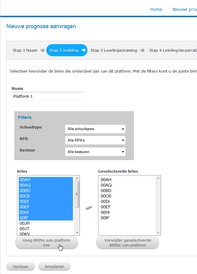 de knop Voeg brins aan platform toe toe te voegen aan het platform. De filters (schooltype, RPA en bestuur) helpen bij het selecteren van de juiste brins. Hieronder ziet u een voorbeeld.