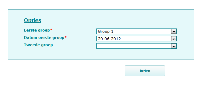 Kies het gewenste schooljaar Kies de gewenste module Kies de juiste groep Kies de gewenste datum (u kunt dus ook voorgaande rapportages ophalen Kies de tweede groep (indien gewenst) Klik op Inzien