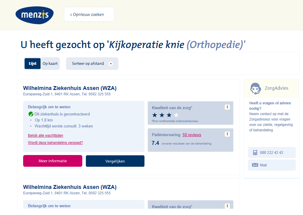 Zorgvinder Resultaatscherm Op basis van de zoekopdracht worden de resultaten getoond op het resultaatscherm.