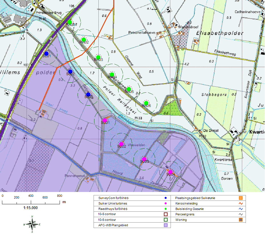 22 Figuur 2.4: De positie van de kleine rotorklasse turbines buitendijks voor alle drie de windparken, waarbij de locatie van de 6 turbines van het windpark Dintel-Raedthuys met groen zijn aangegeven.