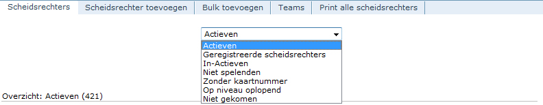 Via de knop scheidsrechters kan je scheidsrechters (in bulk) toevoegen en bewerken, instellingen van teams aanpassen en overzichten van scheidsrechters genereren.